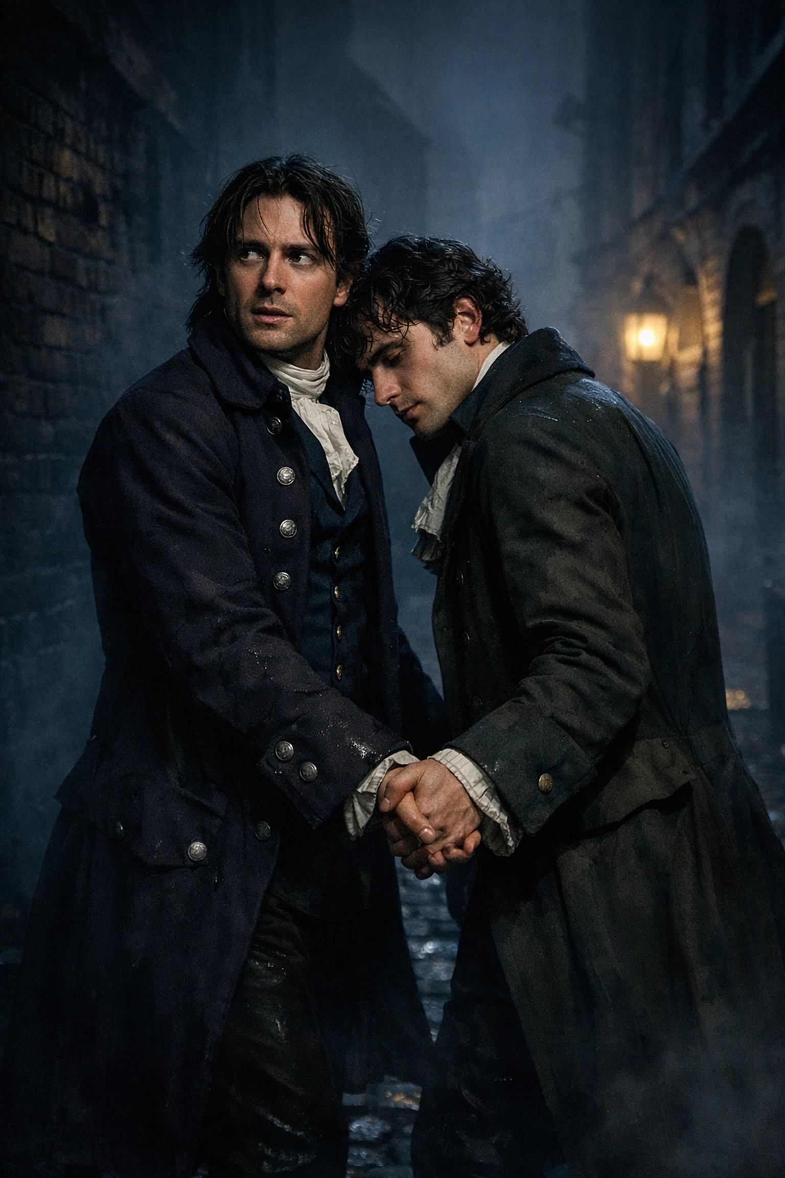 Two men in historical frock coats hold hands in a dark London alley, reflecting the stakes of historical MM romance.