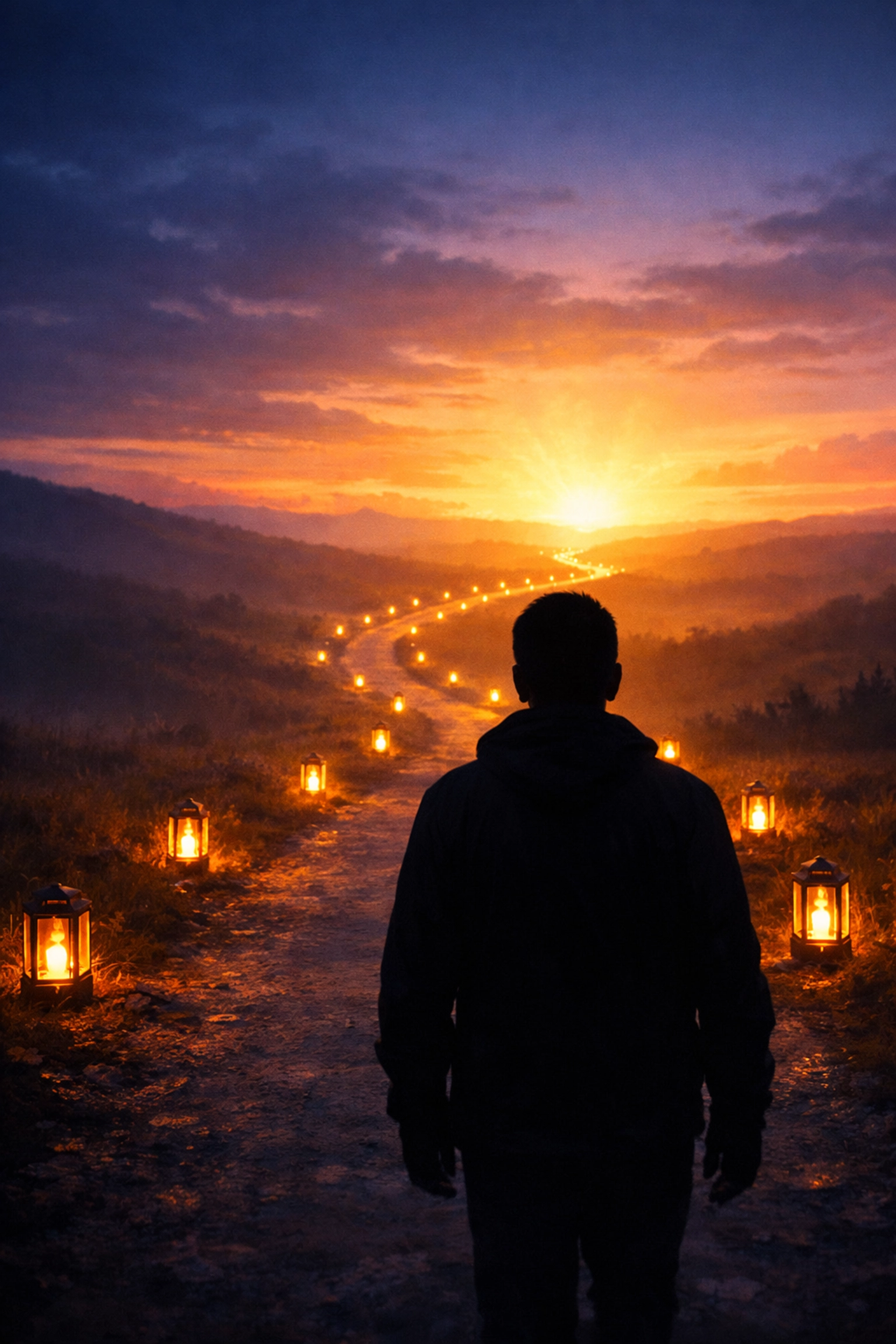 Illuminated path leading from darkness to light symbolizing hope and healing journey