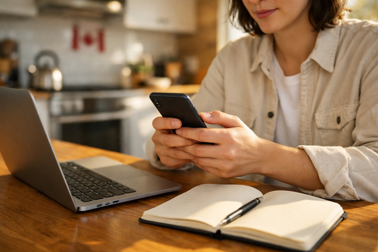 Applying for an e-transfer payday loan in Canada using a smartphone at a kitchen table.
