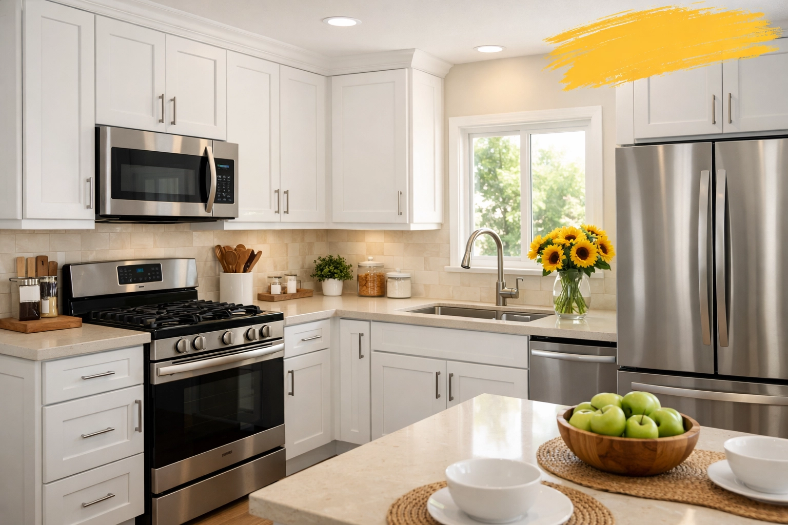 Refreshed Phoenix kitchen with white cabinets and quartz countertops showing 377% ROI potential