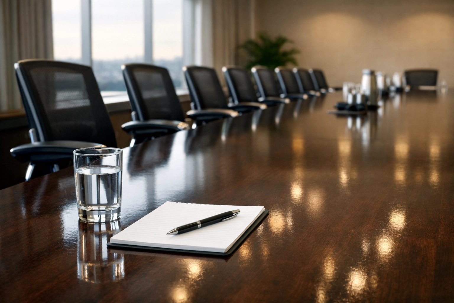 Professionally cleaned conference room with aligned chairs and a polished boardroom table.