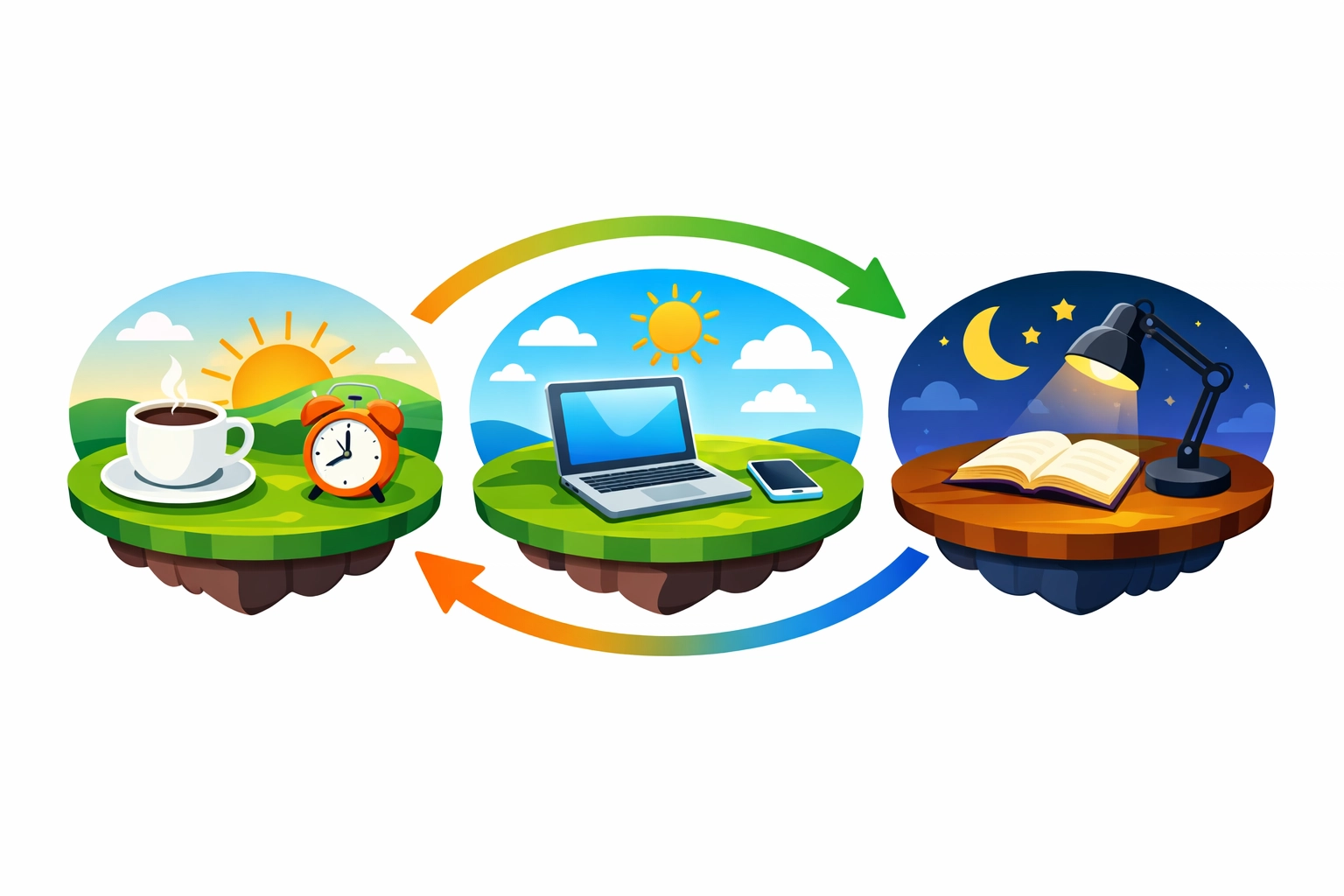 Illustration of global time zone overlap for morning, midday, and night meeting scheduling.