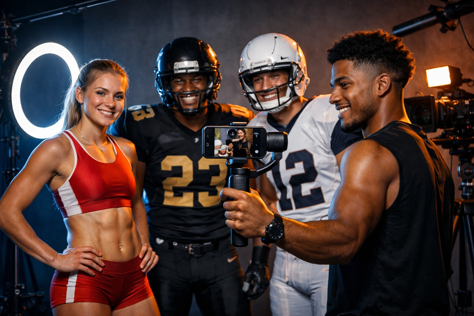 College athletes recording high-performance social media videos for an NIL brand campaign in a modern content studio.