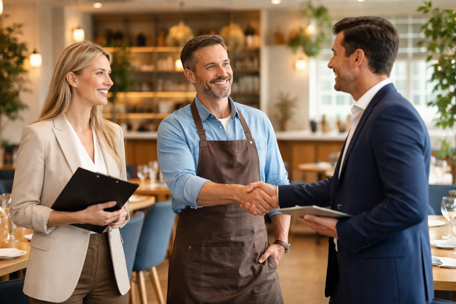 Full-service restaurant management partnership A restaurant owner meeting with a professional management team in a bright dining room