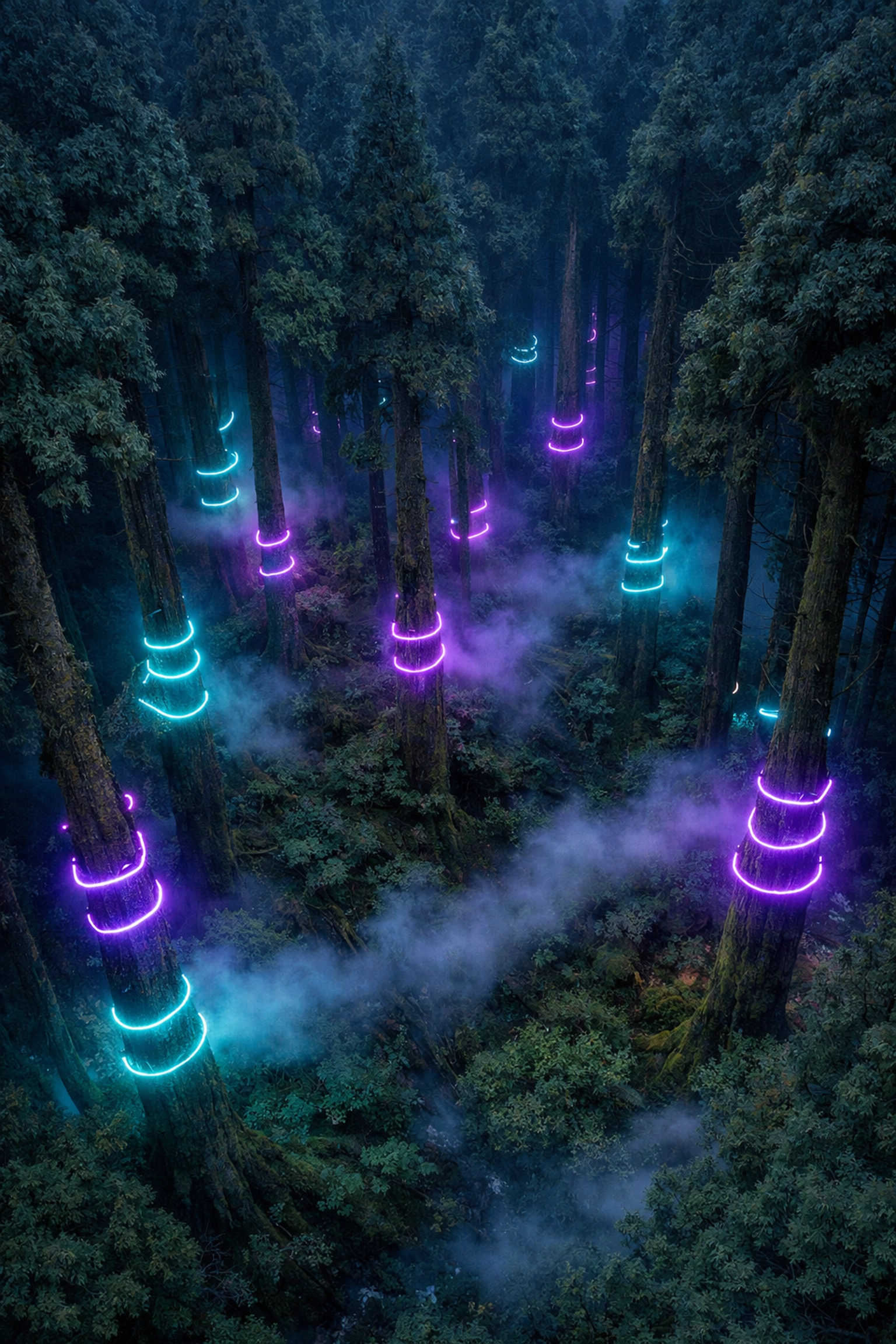 Drone view of a neon-lit Japanese forest at twilight, highlighting new tech trends in evening photography news.
