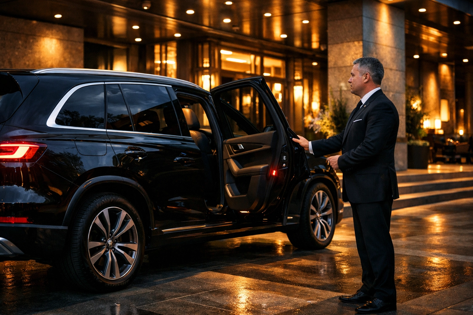 Professional chauffeur with luxury SUV providing VIP corporate transportation service