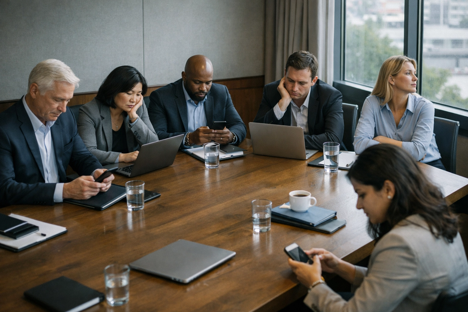 Distracted business leaders on autopilot in conference room meeting
