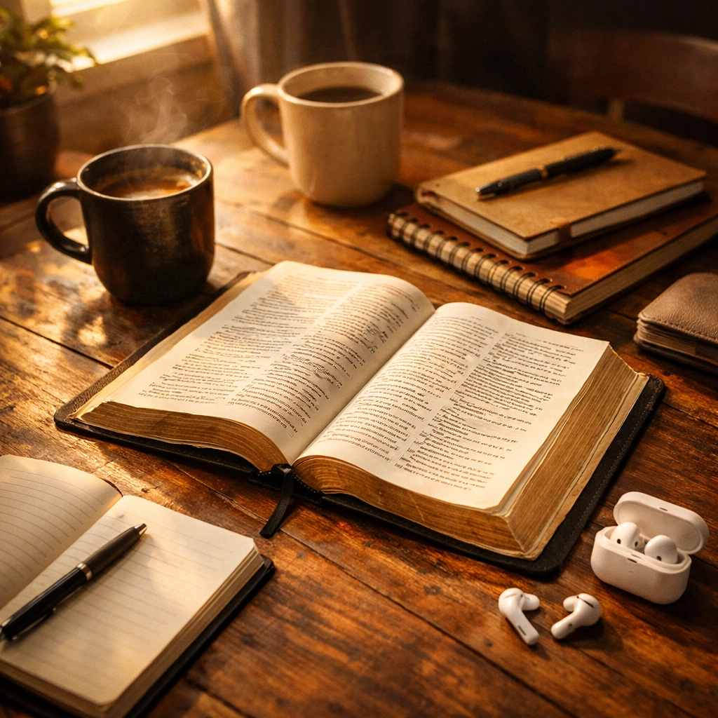 Open Bible with coffee and earbuds for small group podcast study and discussion