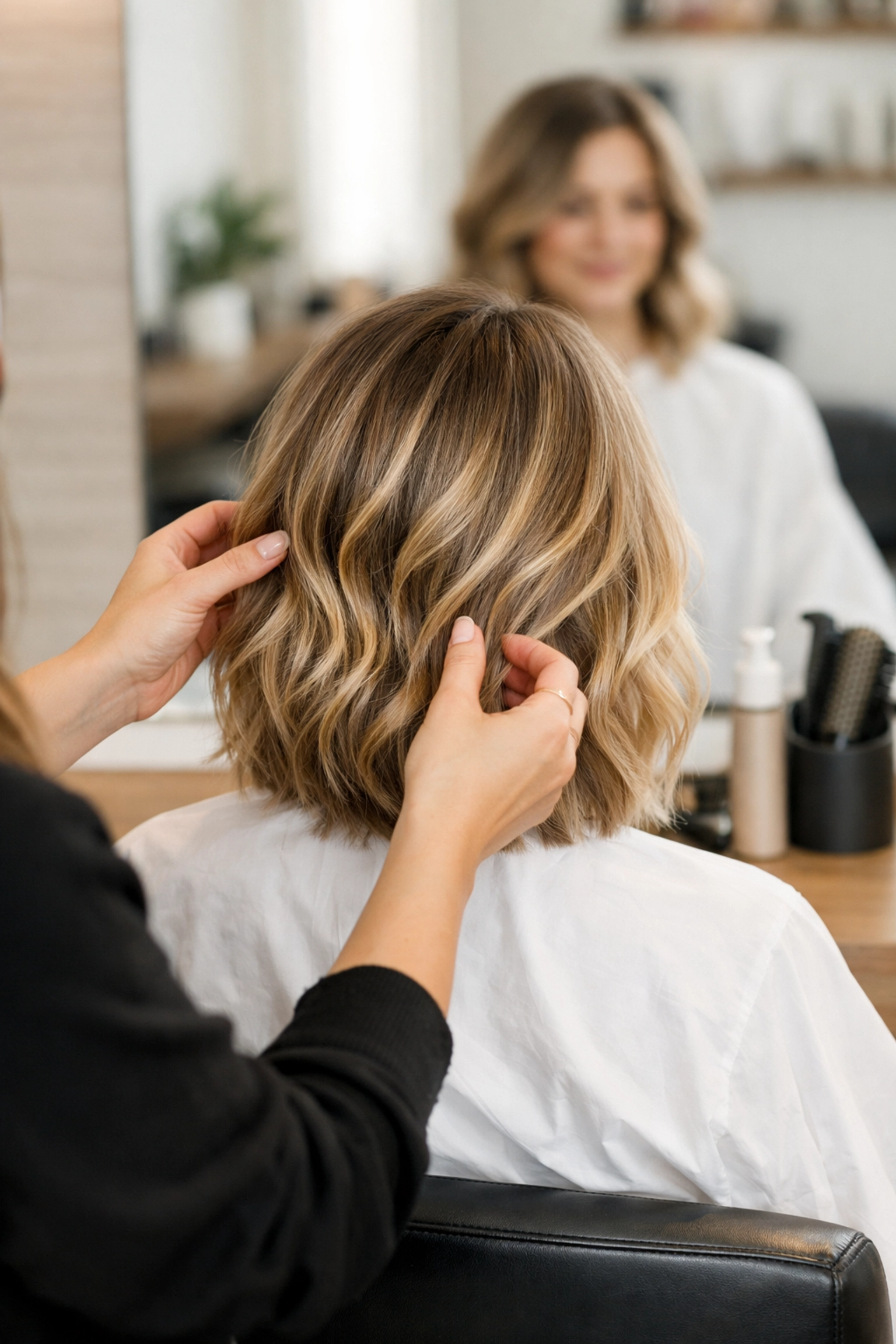 Professional hairdresser in Concord NH finishing a stylish new cut at The Color Lounge Salon & Spa.
