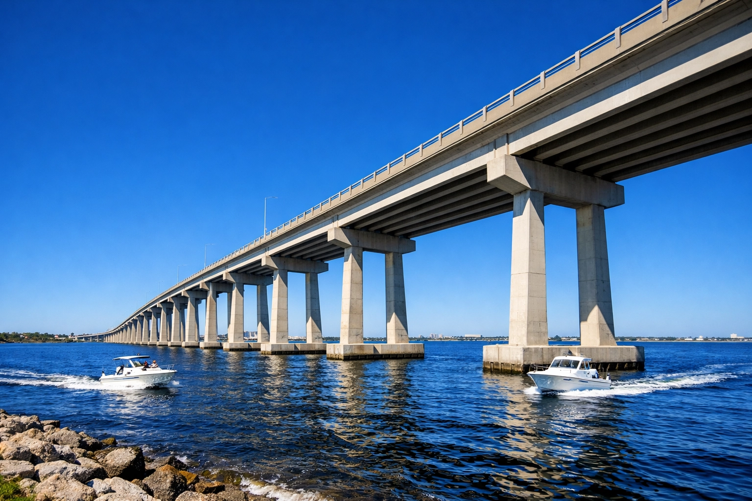 The Cape Coral Bridge over the Caloosahatchee River with boats cruising the sunny Florida waters.