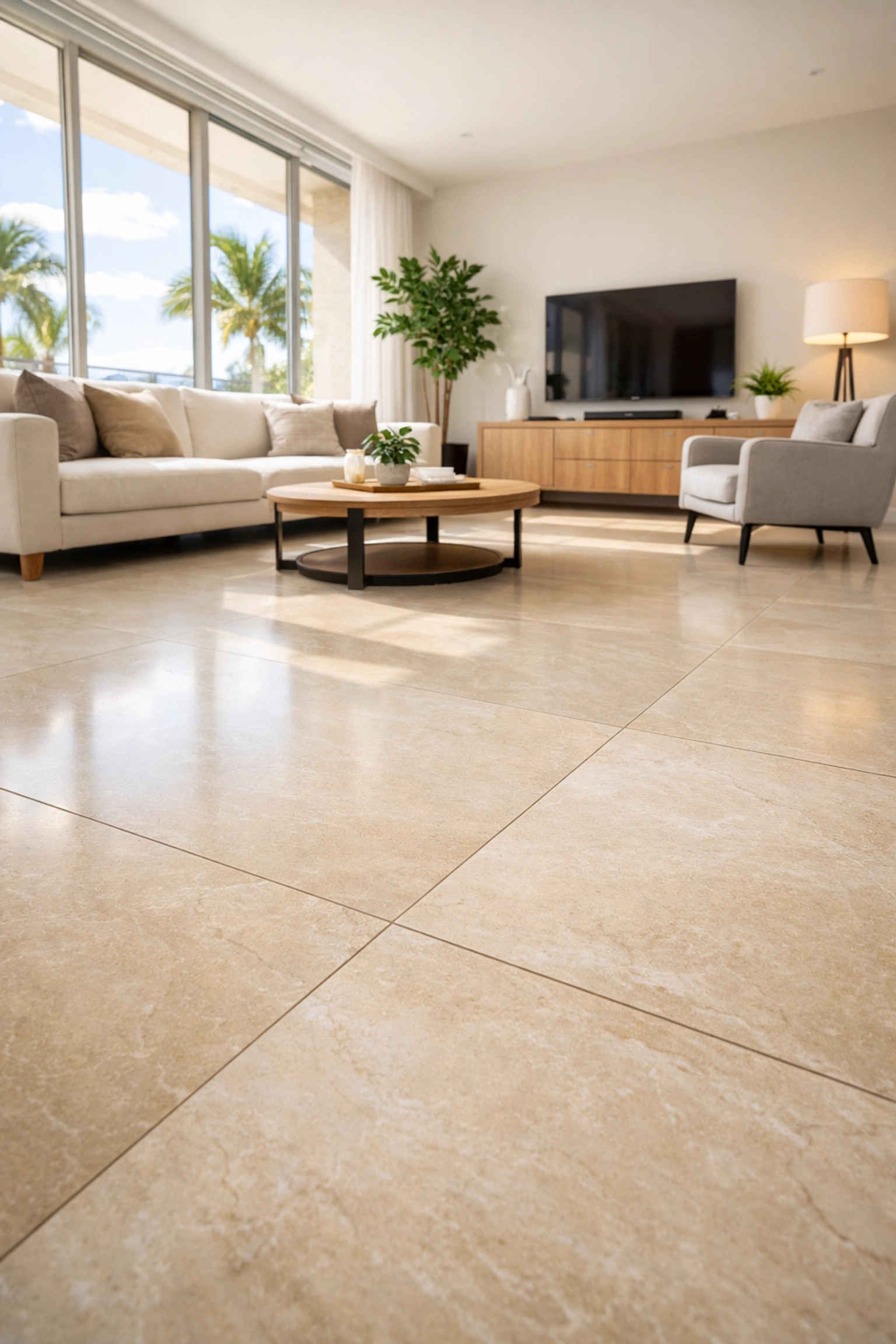 Modern Orlando living room with large format porcelain tile flooring in beige tones