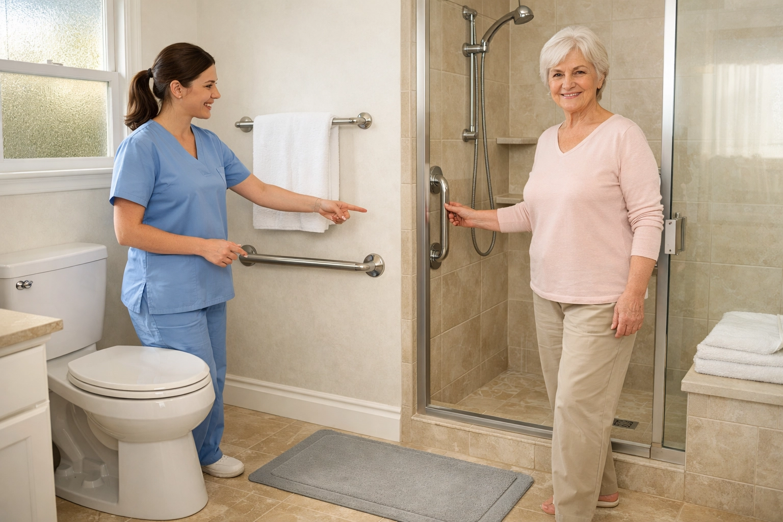 Senior and caregiver identifying bathroom safety locations for grab bars and non-slip mats.