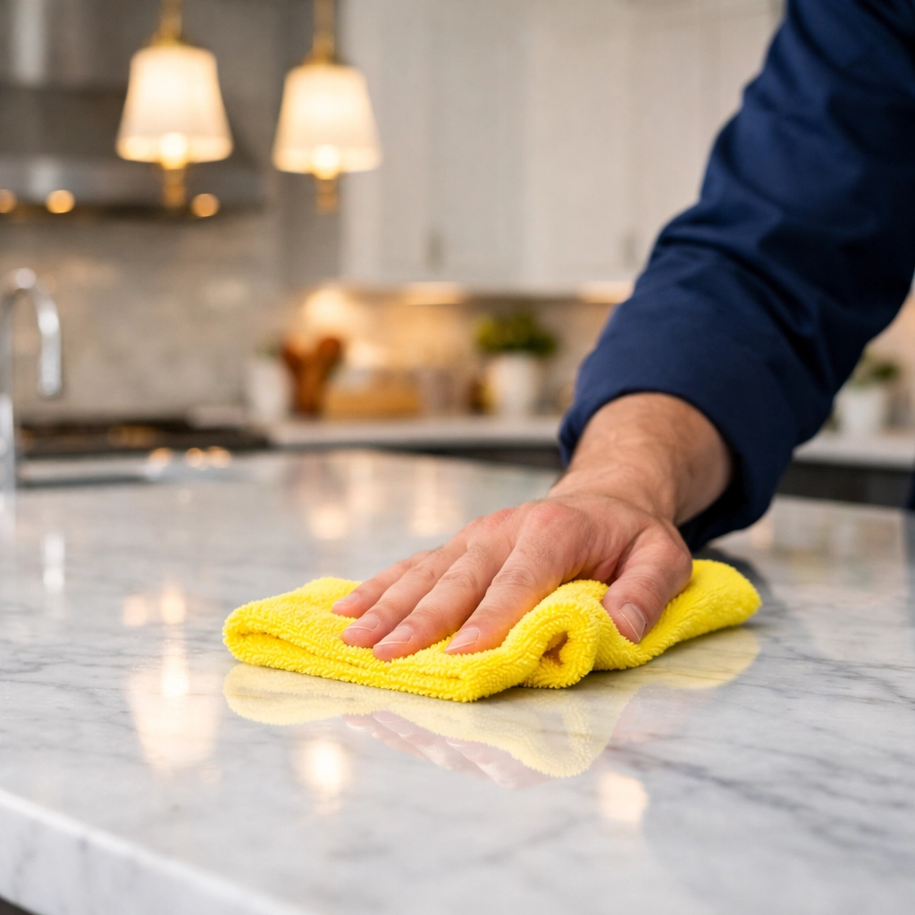 Professional House Cleaning Shirley MA team member polishing a high-end kitchen island.