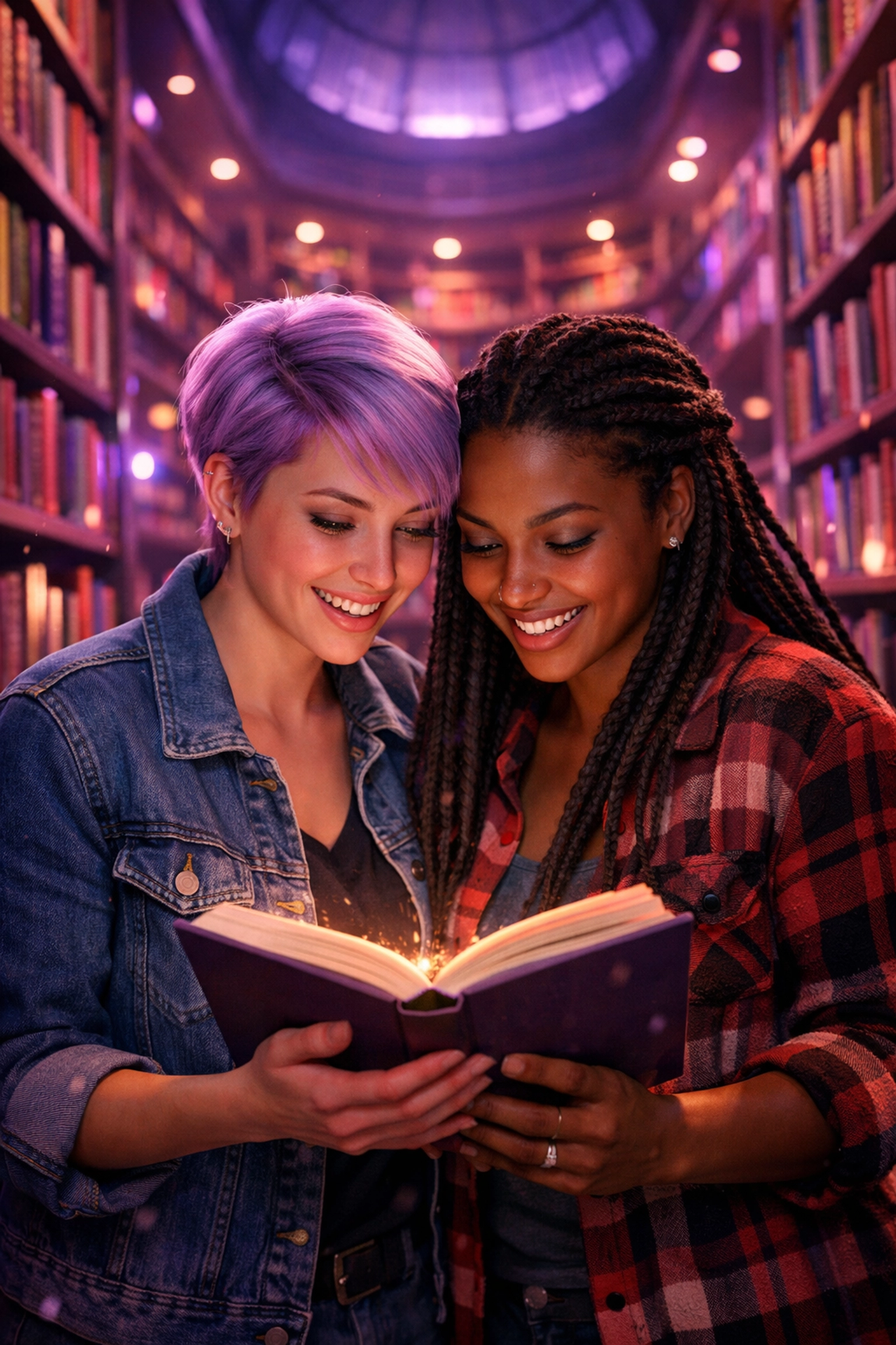 An intimate moment between a lesbian couple browsing queer fiction and new 2026 gay books in a library.