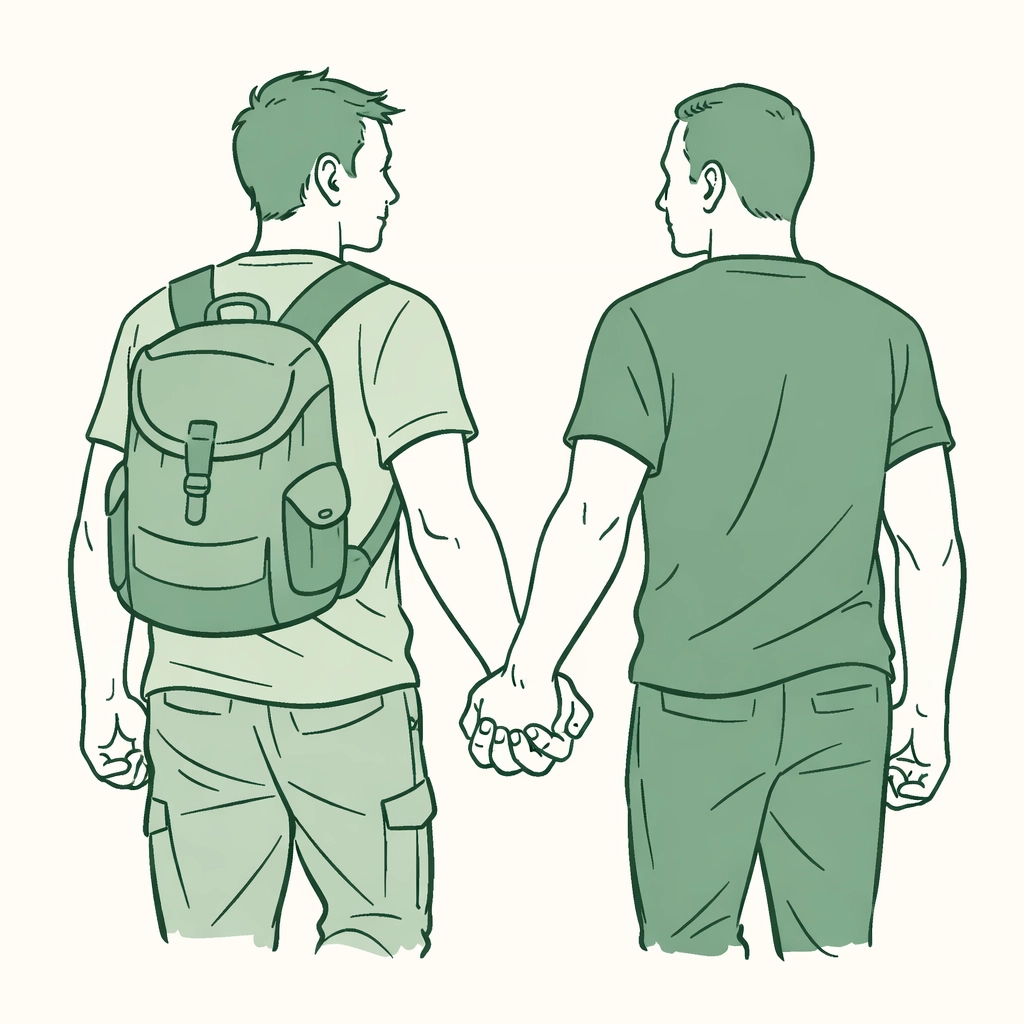 Two men holding hands and walking together, preparing for their first Pride event together.