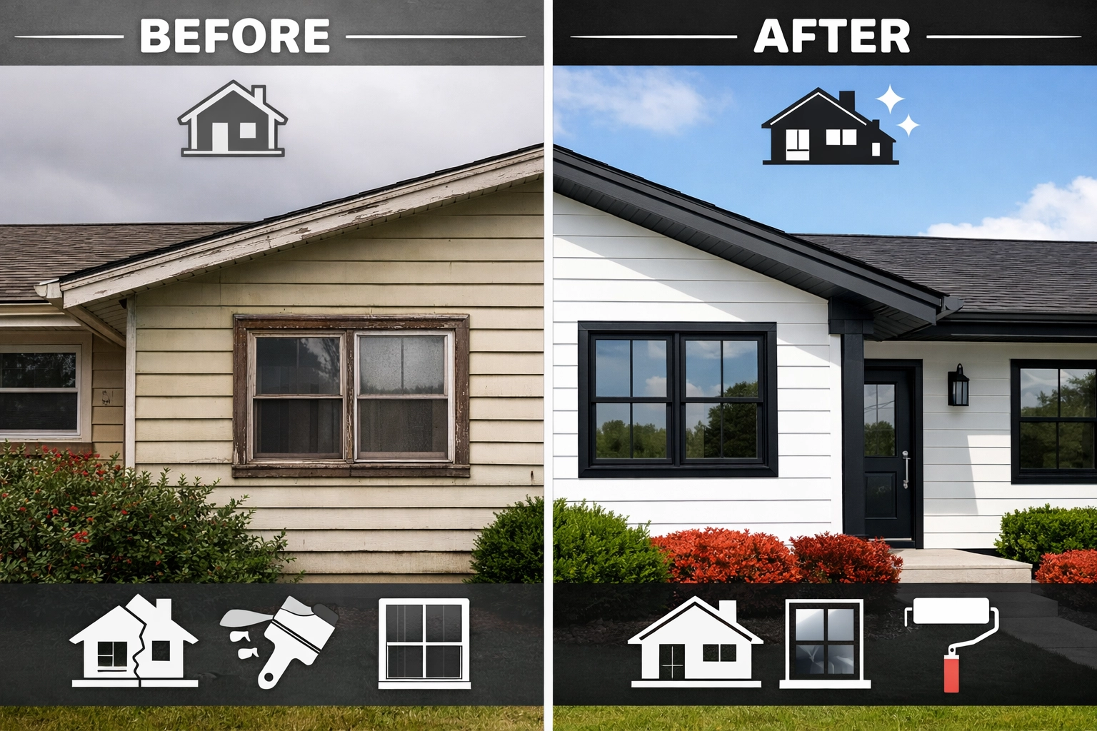 Before and after siding replacement showing dated vinyl vs modern fiber cement in Chattanooga