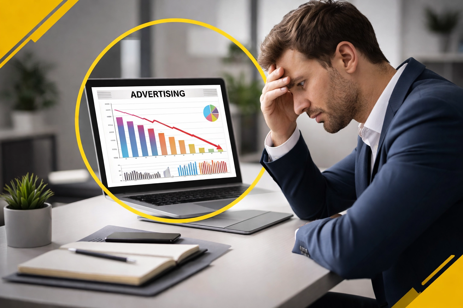 Frustrated businessperson reviews low Amazon advertising ROAS results on laptop in a modern office setting