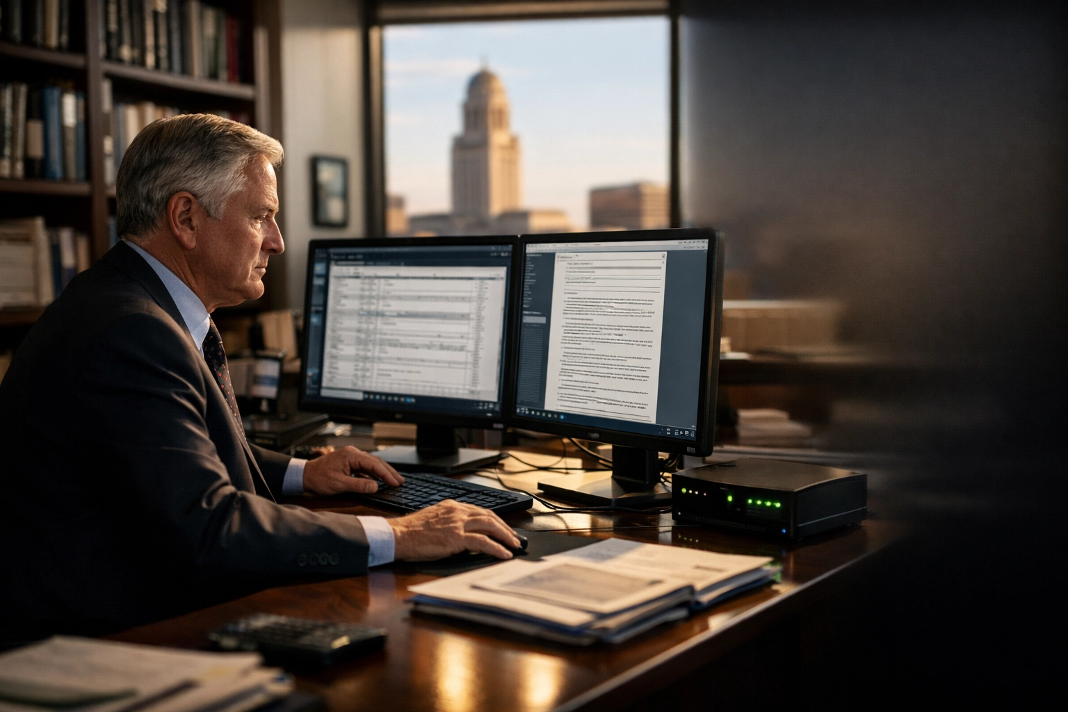 Focused Lincoln NE professional in a modern office using dual monitors maintained by proactive managed IT services.