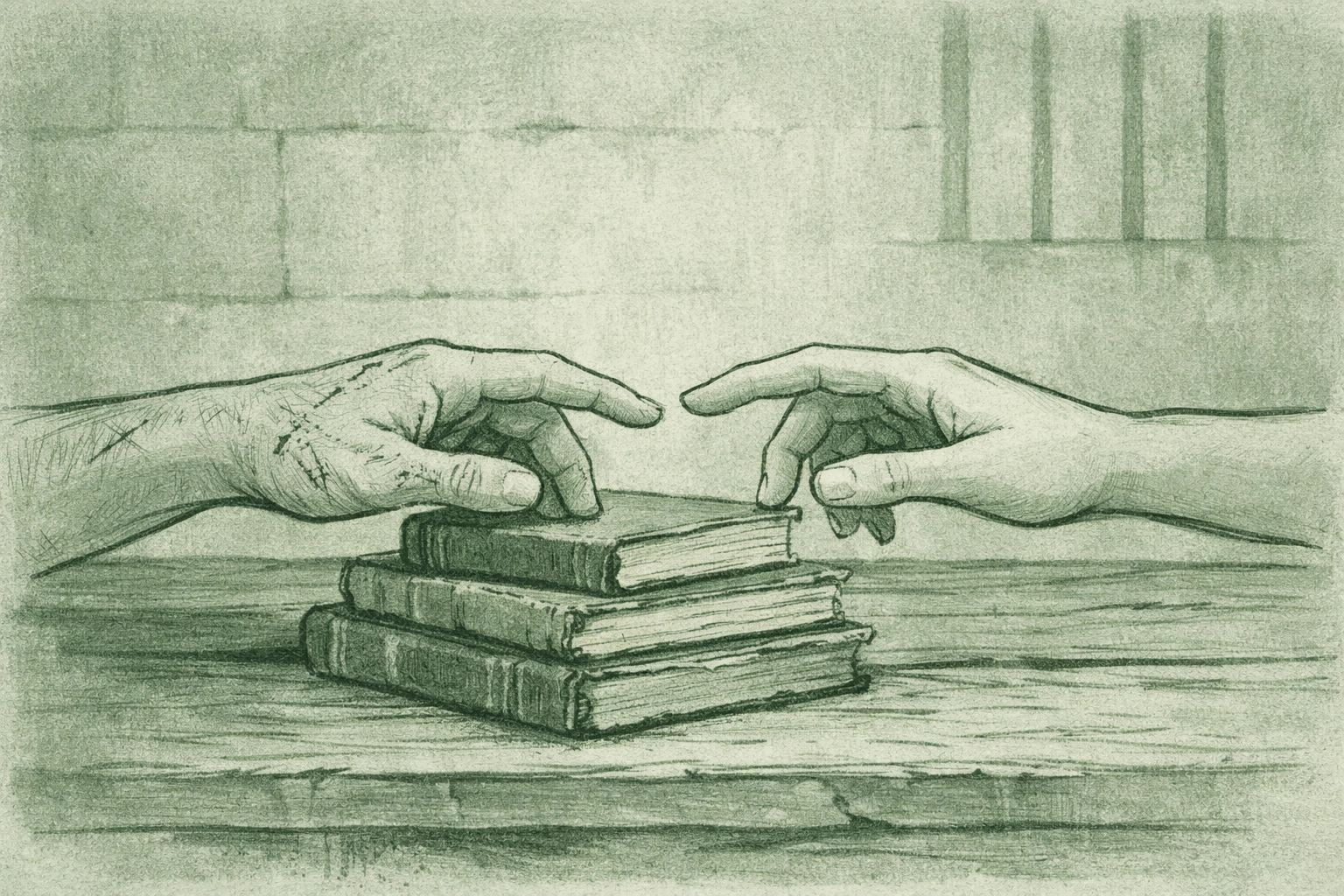 Prison library scene: two men's hands nearly touching across table symbolizing forbidden MM connection