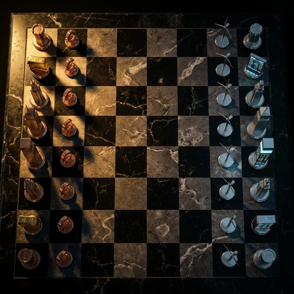 Chess board with finance-themed pieces symbolizing strategic risk management and decision-making in private equity portfolios