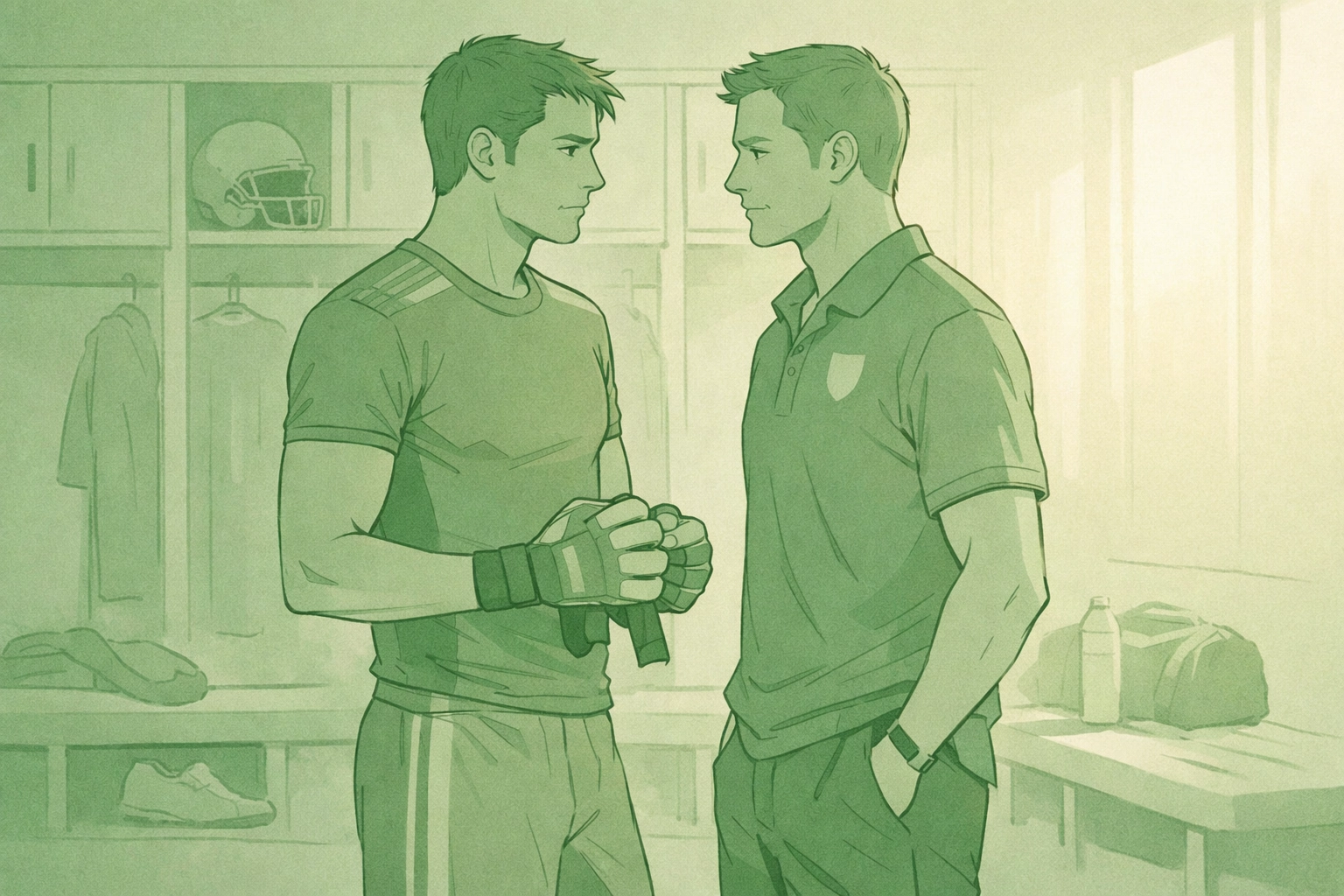 Quarterback and locker room attendant in football facility - tense moment in MM romance workplace story