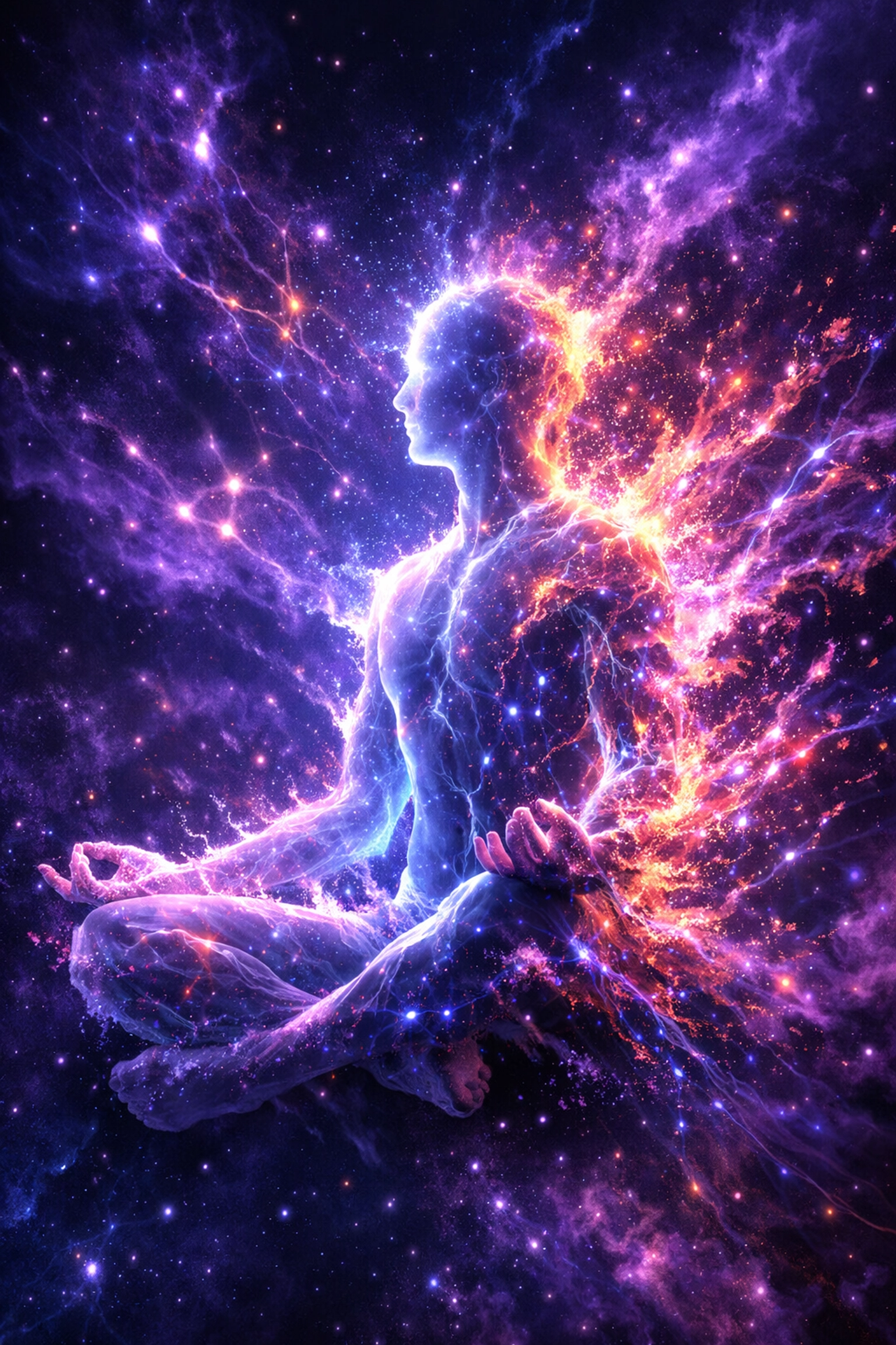 Human silhouette dissolving into cosmic neural pathways, symbolizing a leader entering peak flow states.