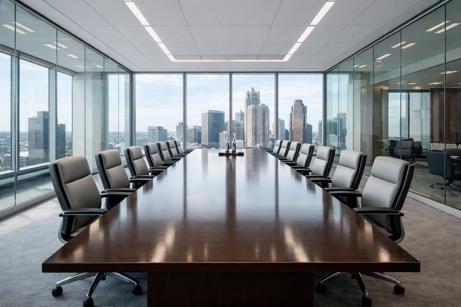 Spotless modern conference room in a Detroit office building representing consistent janitorial service quality.