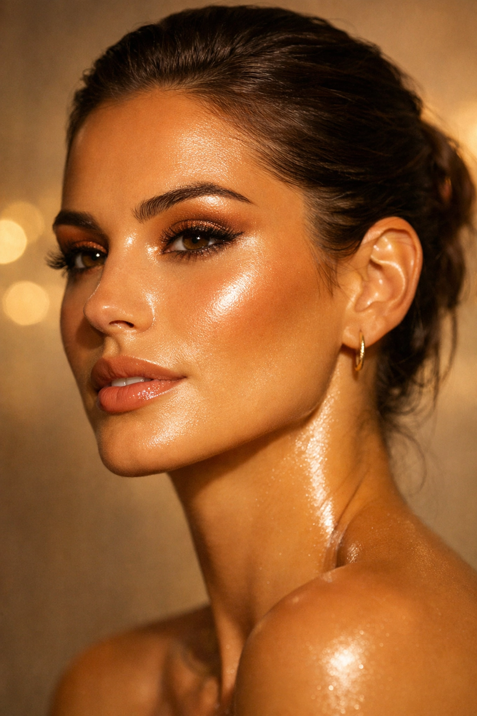 Woman with glowing bronzed and highlighted skin showing Friday night contour makeup technique
