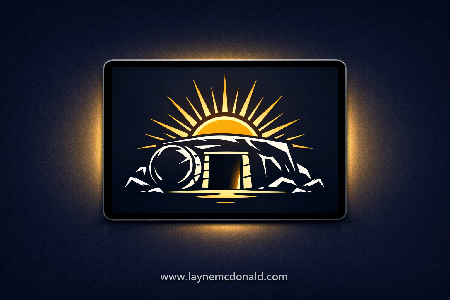 Digital illustration of an empty tomb and sunrise on a tablet, showing faith through modern media.