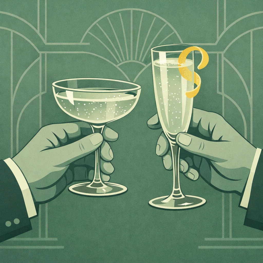 Two men toasting champagne cocktails in elegant luxury nightlife setting