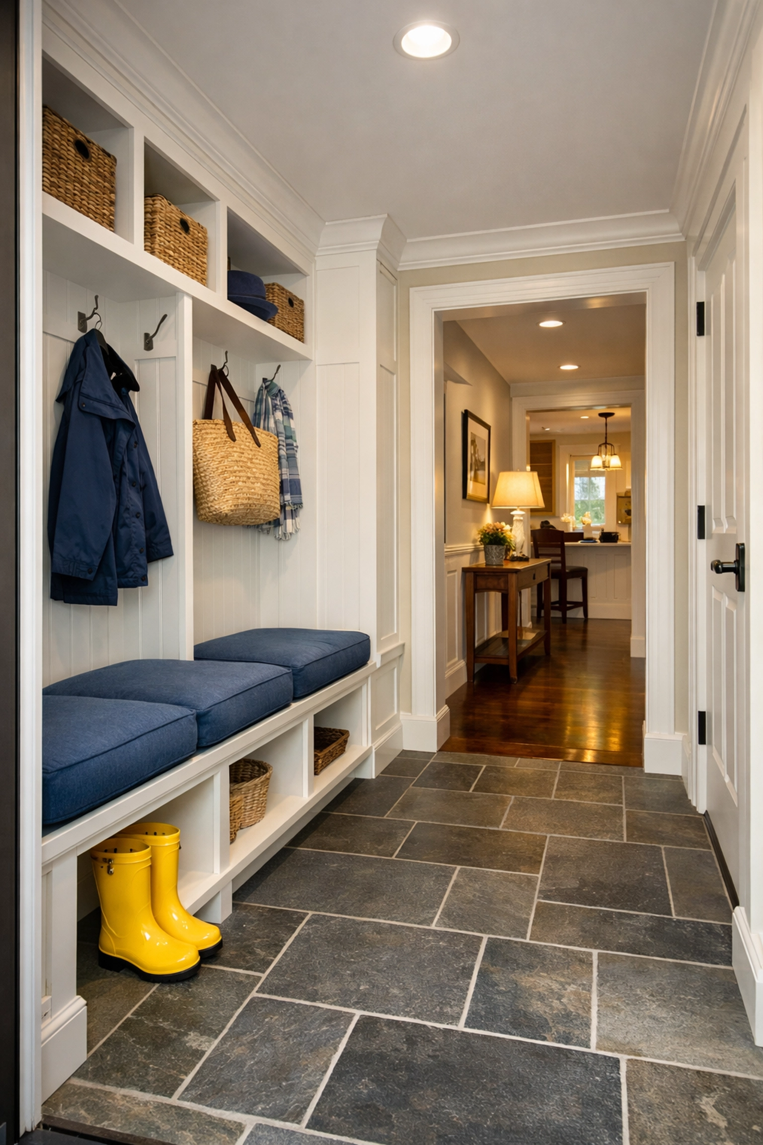 A perfectly organized Newton mudroom with clean slate floors, part of a reliable house cleaning service.