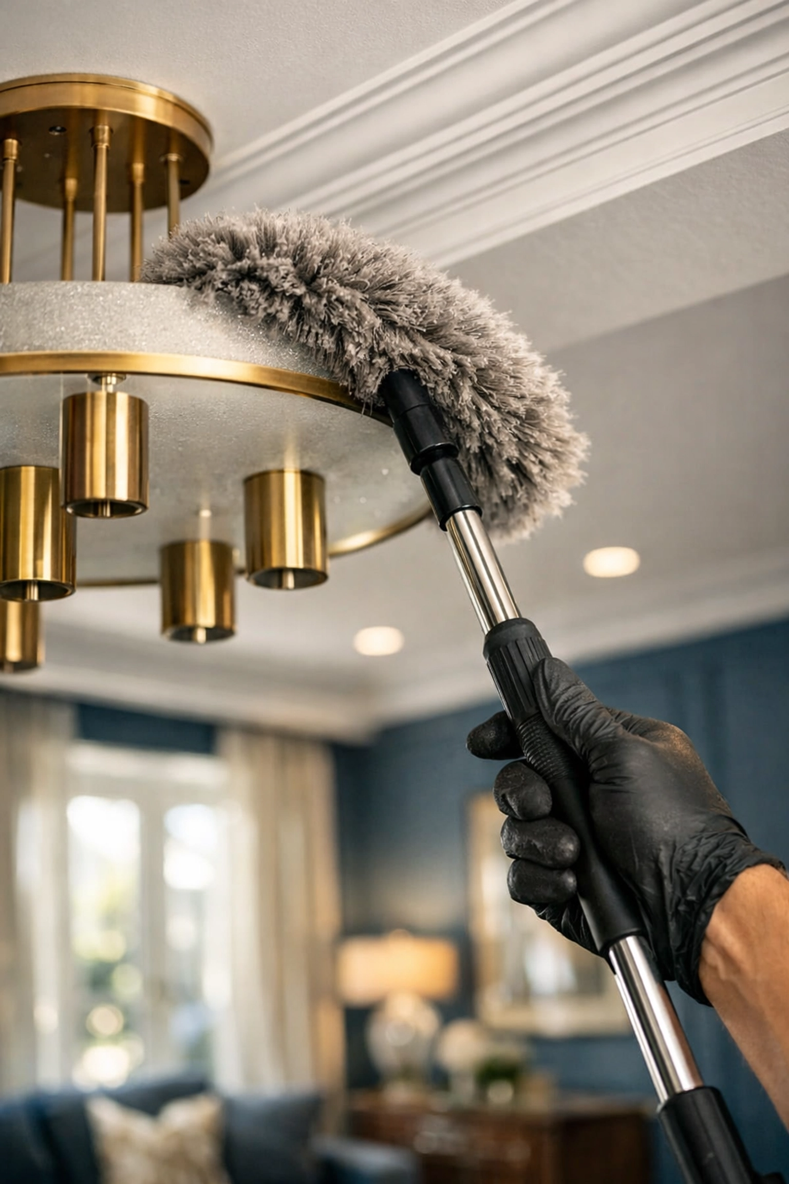 Professional cleaners in Leominster MA dusting high light fixtures using a top-to-bottom method.