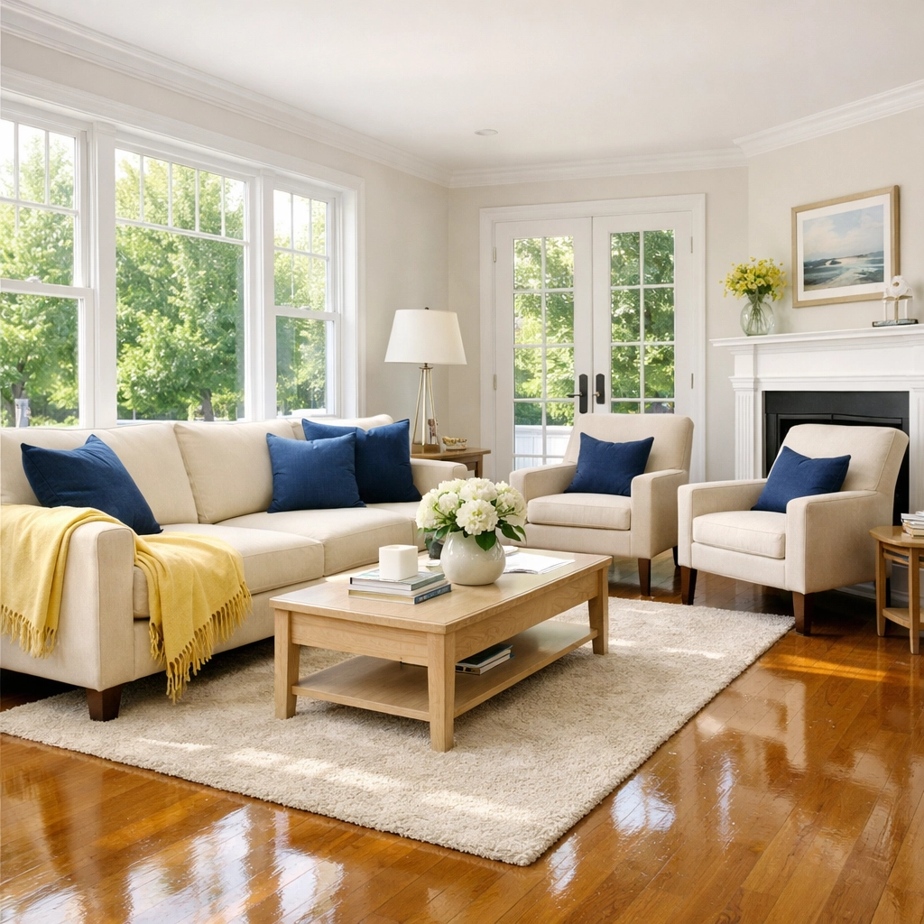 Pristine Stow MA living room with clean hardwood floors, showcasing a healthy home sanctuary after green cleaning.
