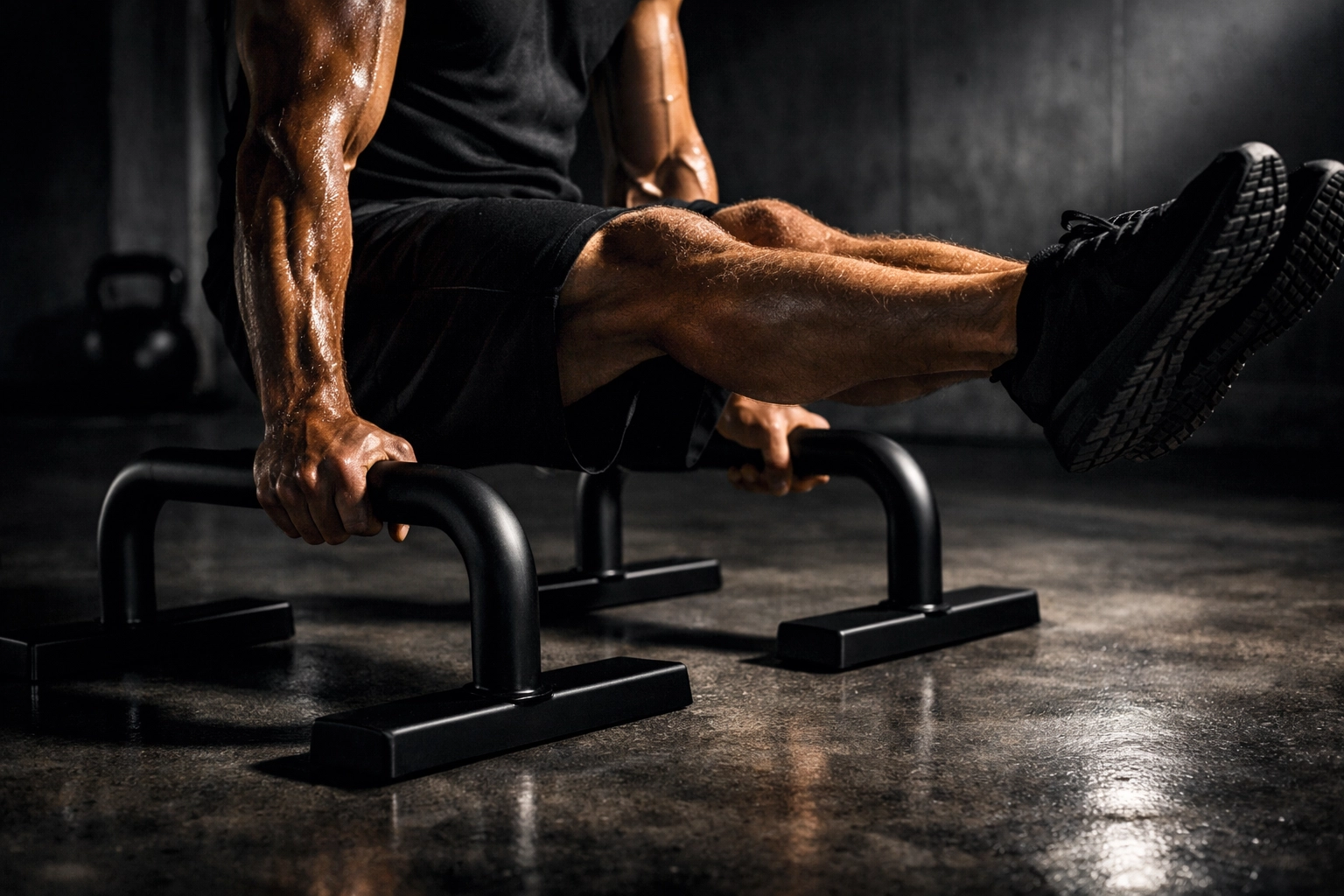 Athlete performing a powerful L-sit on heavy-duty parallettes, essential calisthenics equipment for home training.