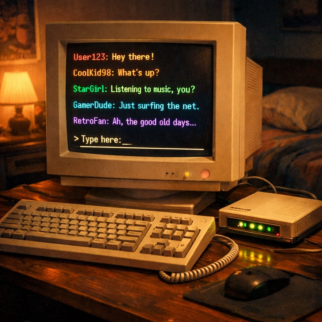 1990s computer setup with early gay chat room interface and modem from LGBTQ+ online dating history