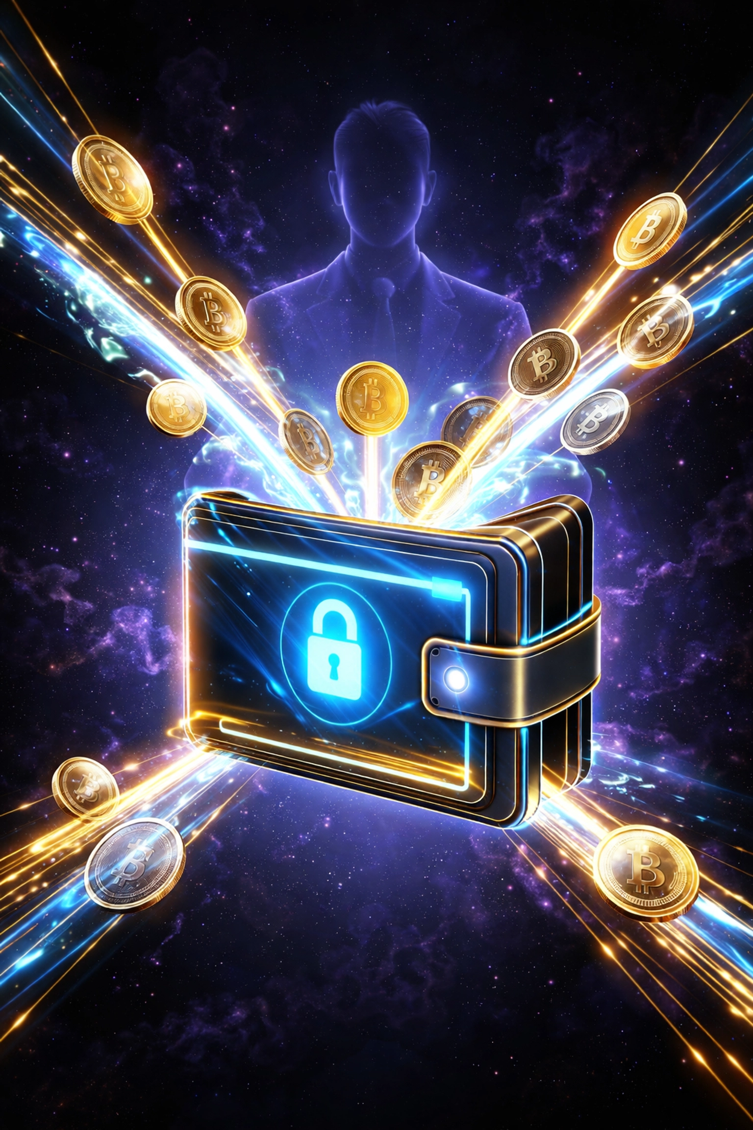 Futuristic digital wallet receiving crypto coins in space symbolizes direct wallet control and Web3 payment freedom.