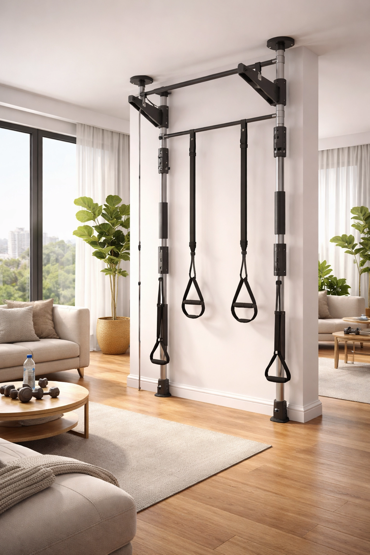 Floor-to-ceiling gym system in a bright apartment showing versatile home gym setup with no wall damage