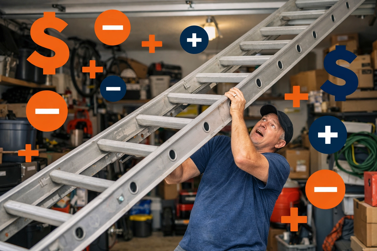 Homeowner struggling with a heavy extension ladder in a crowded Woburn garage, illustrating storage costs.