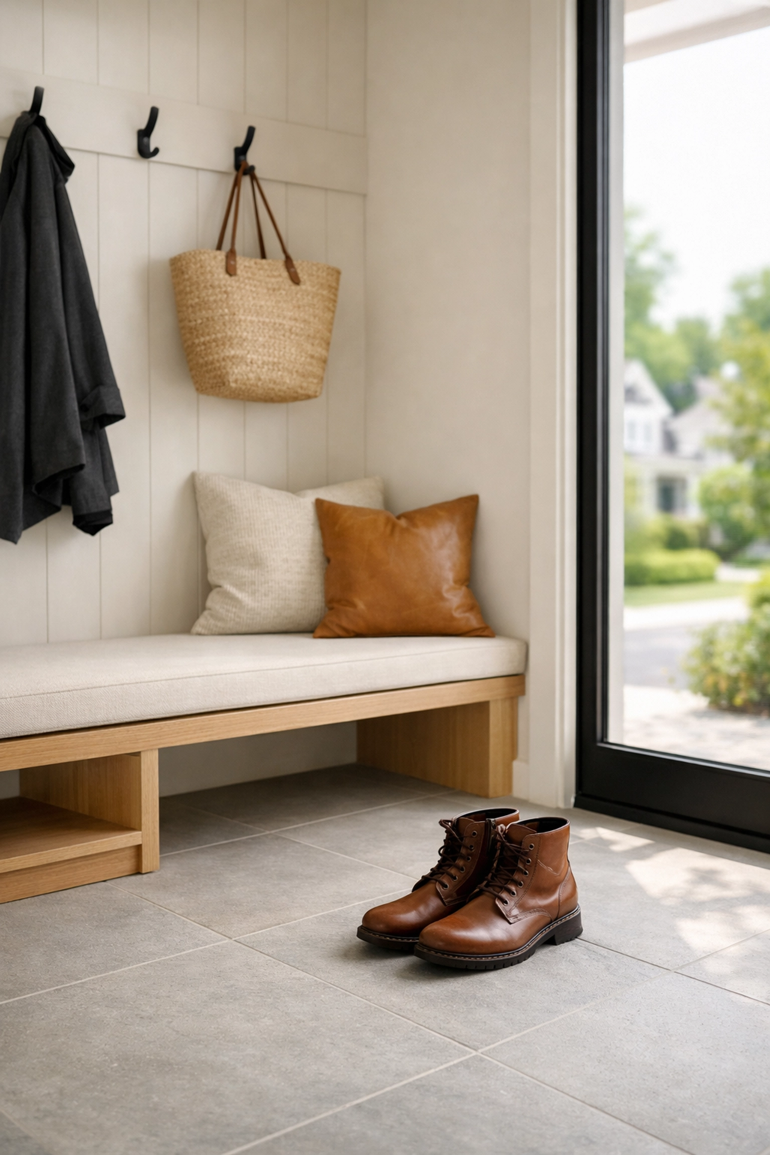 Minimalist mudroom interior of a Hudson home, highlighting the appeal of move-in ready real estate in Northeast Ohio.