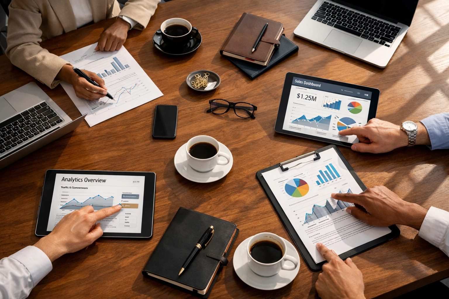 Sales team planning Q1 strategy with analytics dashboards and performance metrics