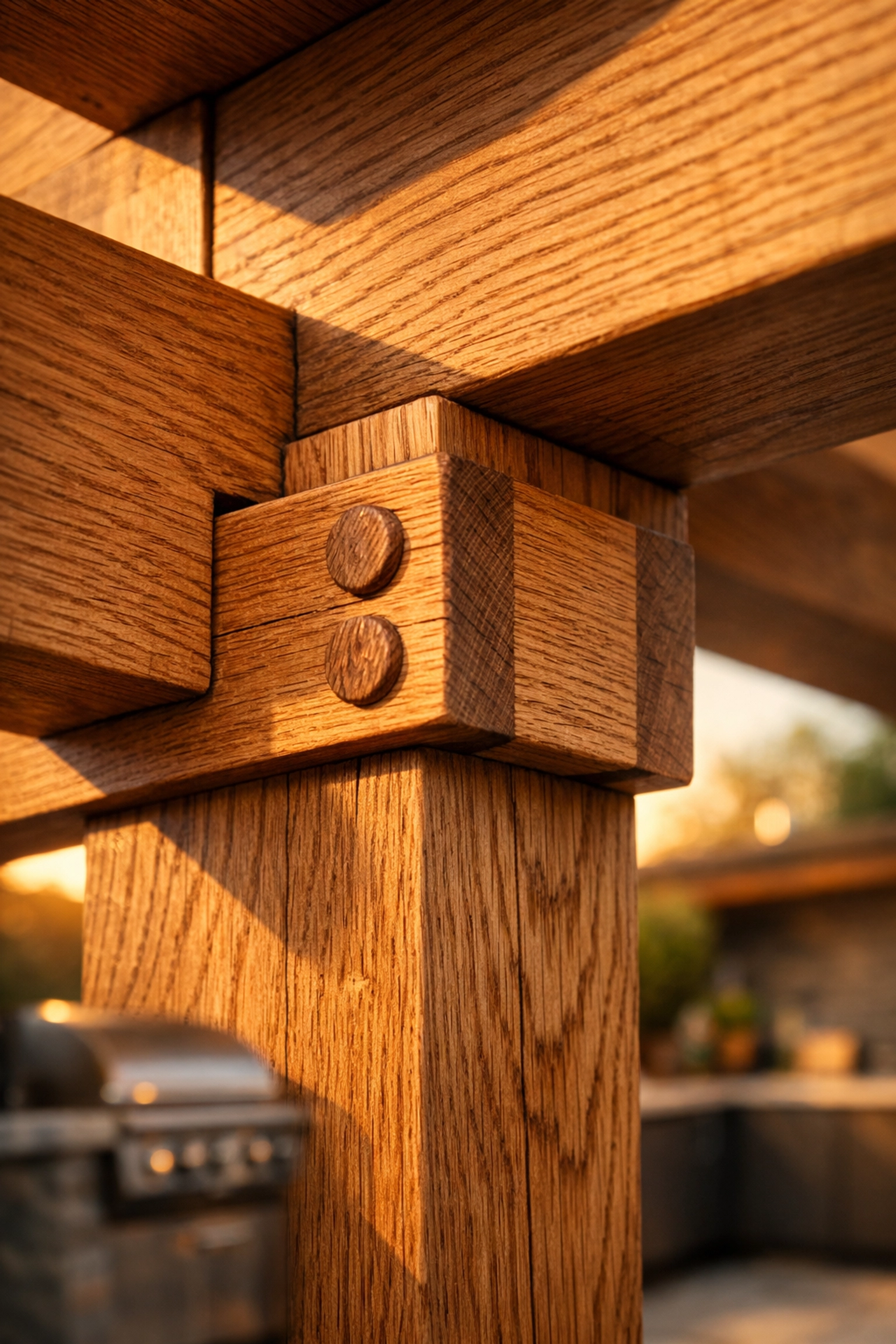 Expertly crafted oak timber joint for a bespoke garden pergola, showing high-end carpentry detail.