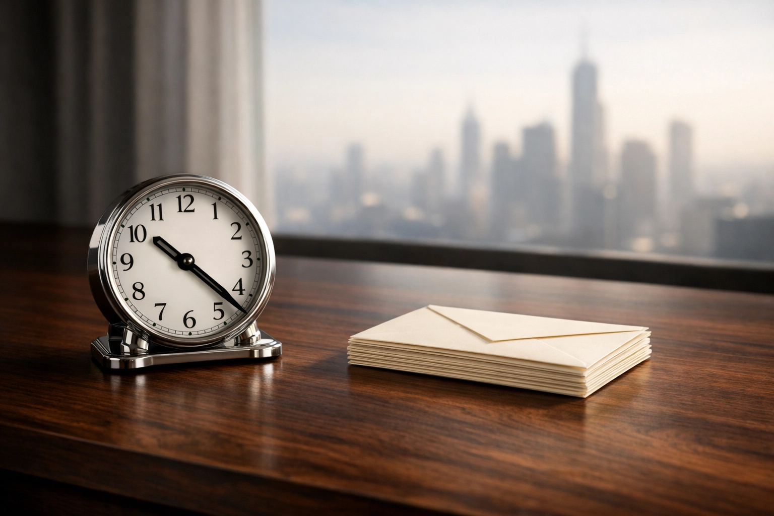 Executive desk with a clock and invoices representing the business cash flow gap.