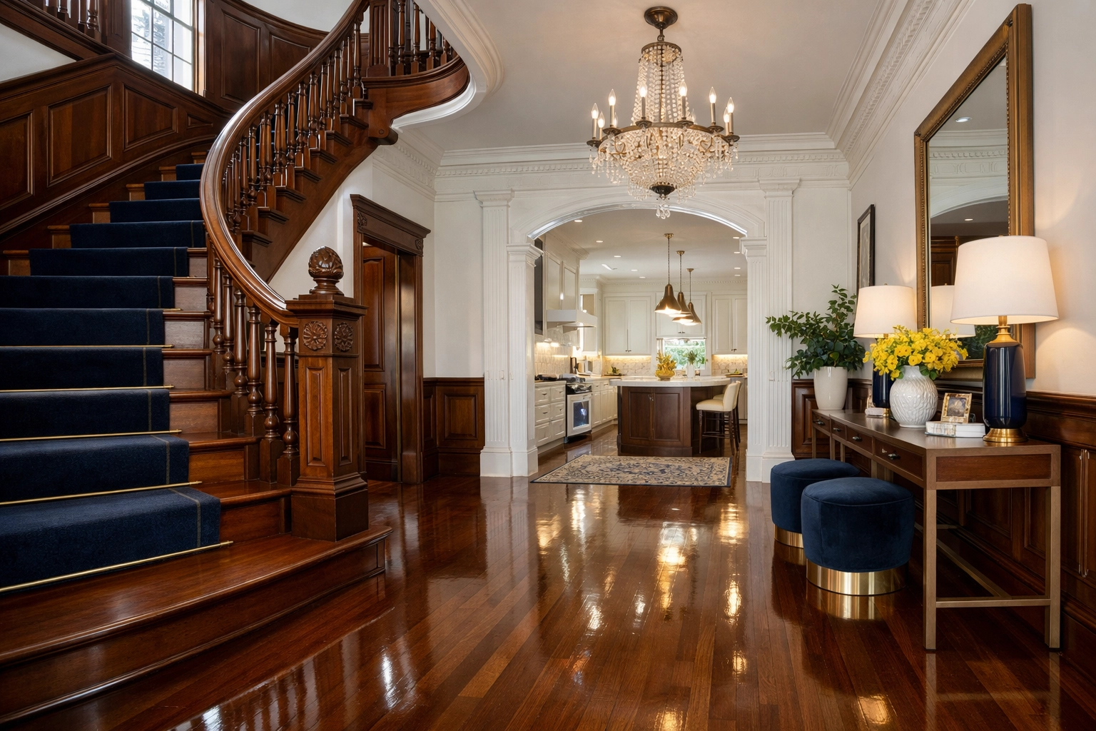 Luxury Milton estate foyer with polished mahogany floors and a grand staircase showcasing expert Milton Estate Care.