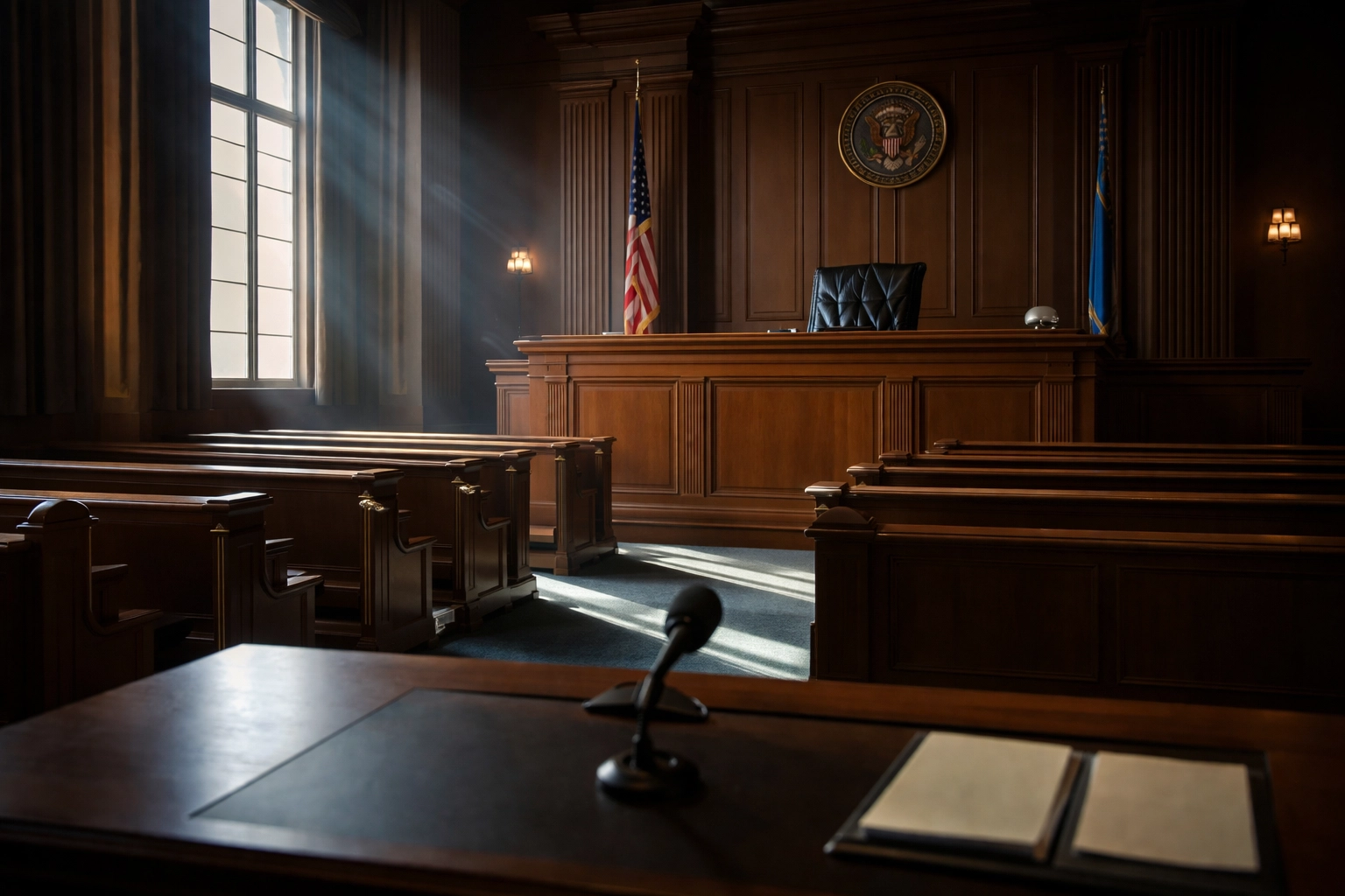 An empty courtroom with dramatic lighting emphasizes the gravity of justice and accountability in federal use-of-force cases.