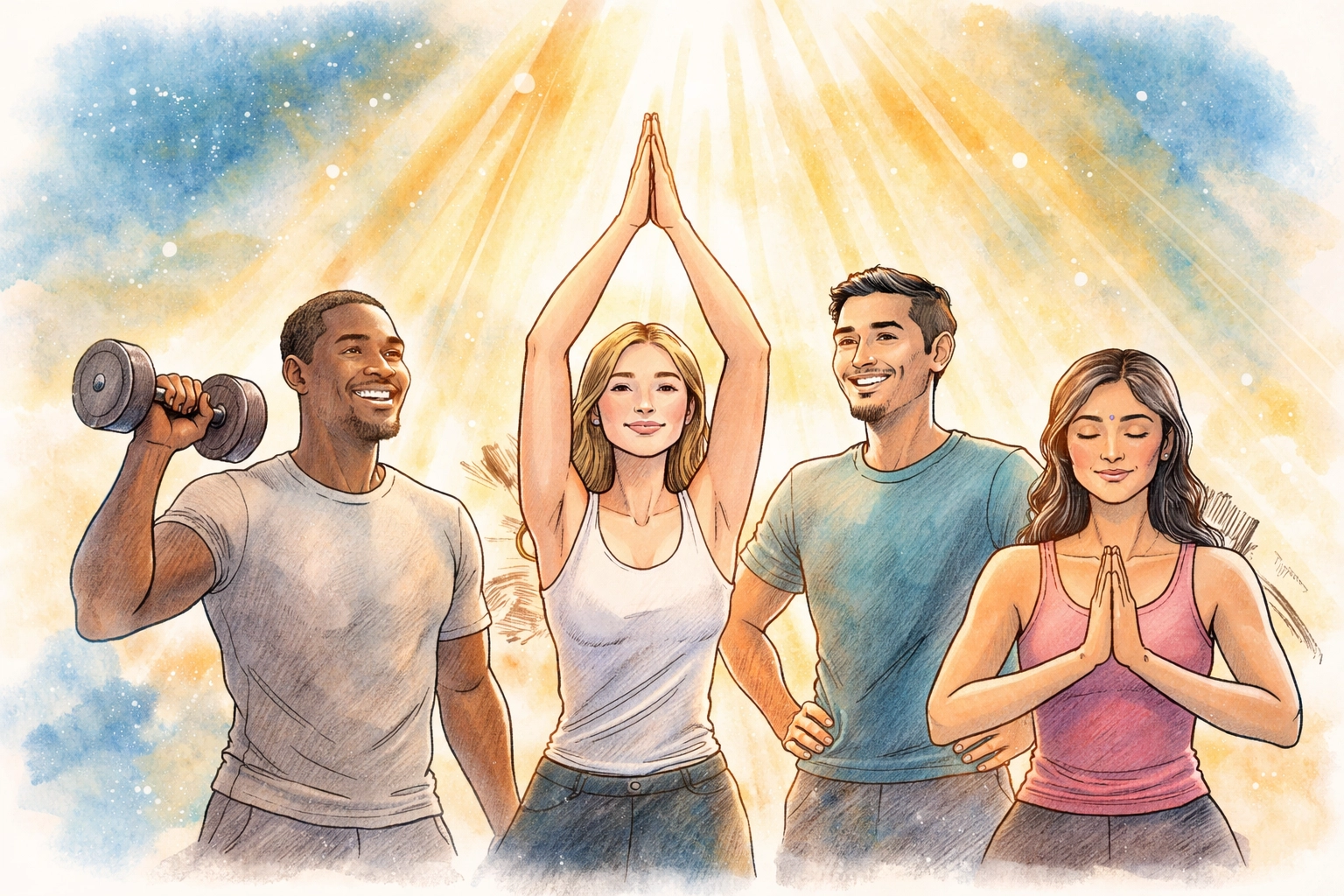 Различни групи тренират и се молят заедно, символизирайки единството на вярата и физическата форма в слънчева и спокойна среда.