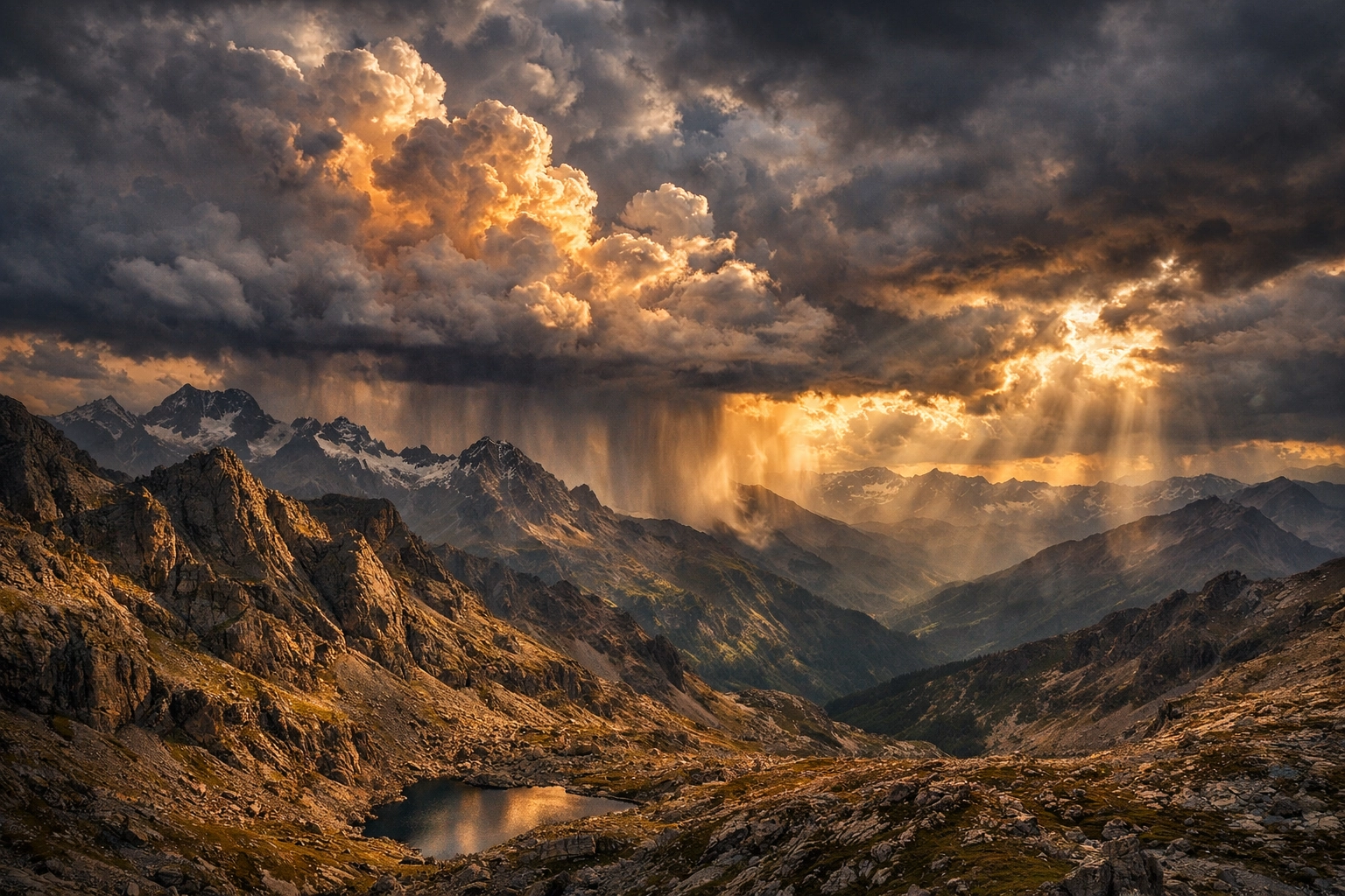 Dramatic clouds and golden light over a mountain range, illustrating better sky composition in landscape photography.