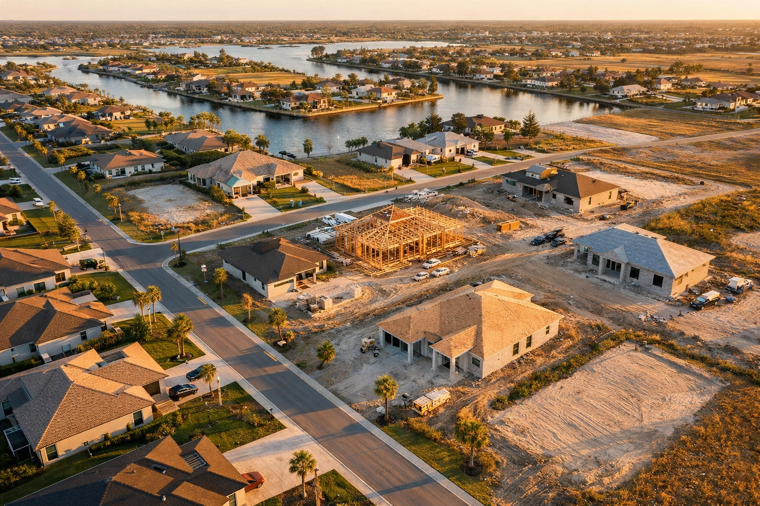 Aerial view of Cape Coral new construction community development with homes and canals