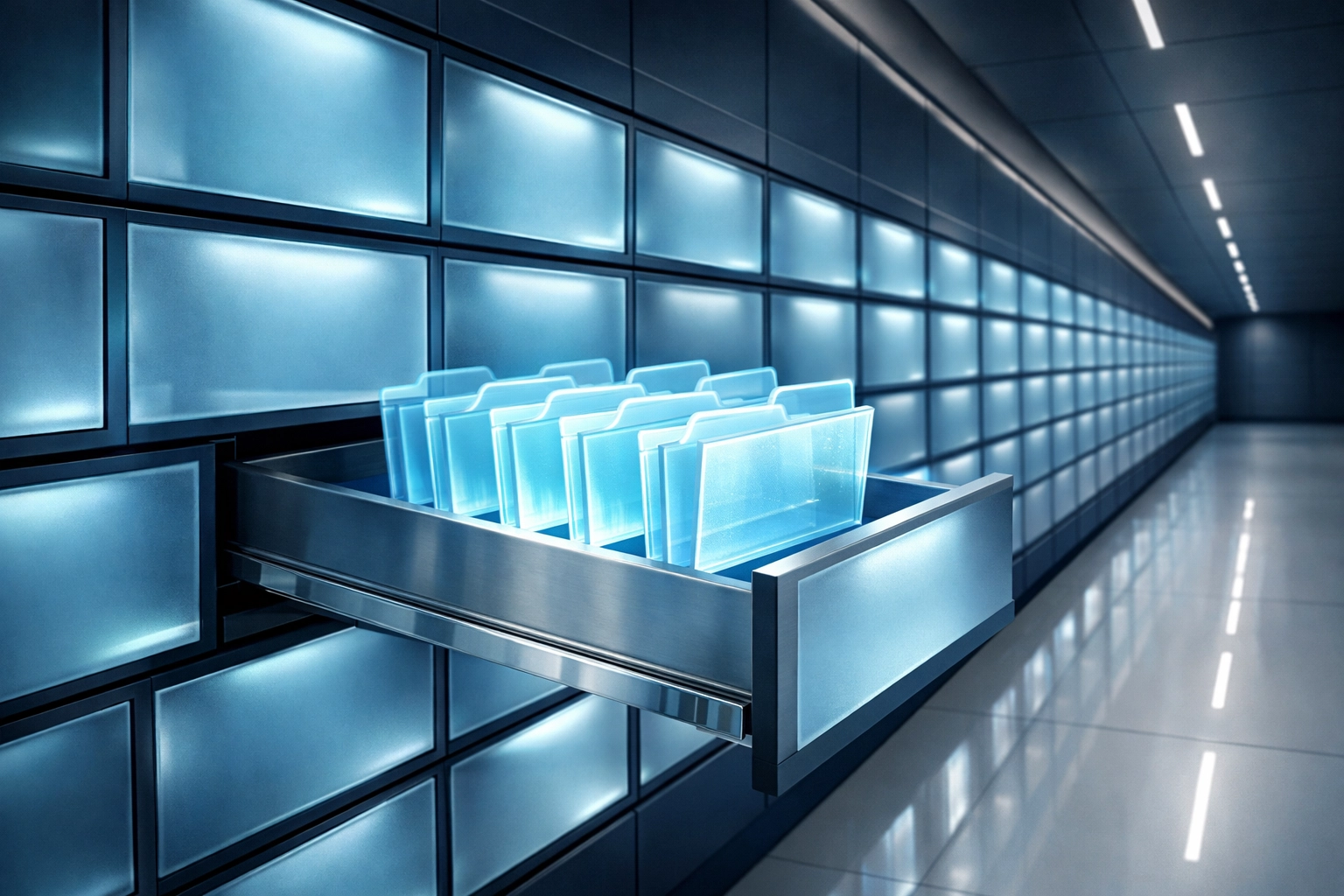 Sleek digital archive room illustrating efficient record-keeping for sponsor licence compliance audits.