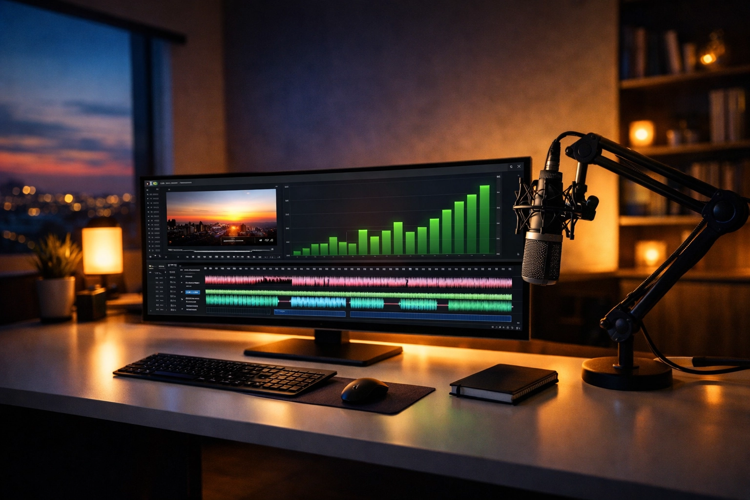 Modern workstation showing video marketing analytics and growth charts for digital lead generation.