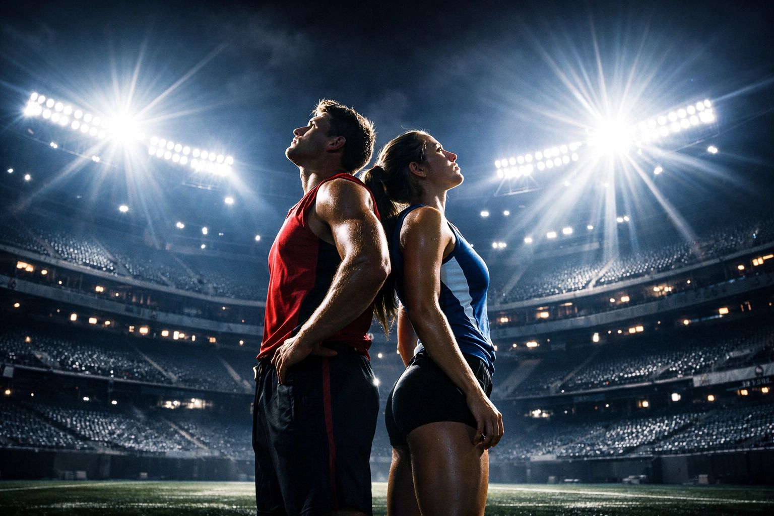 Two college athletes standing in a lit stadium symbolizing the future of professional NIL opportunities.